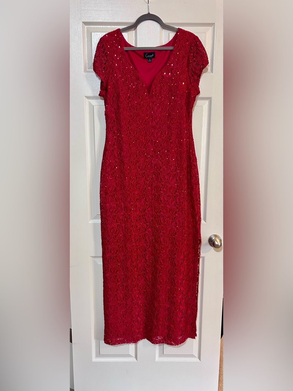 connected apparel Red Lace Maxi Dress with Sequin Detail